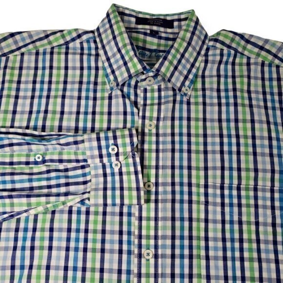 Alan Flusser Mens Large 100% Cotton Blue Green Long Sleeve Button Down Shirt - Picture 1 of 4